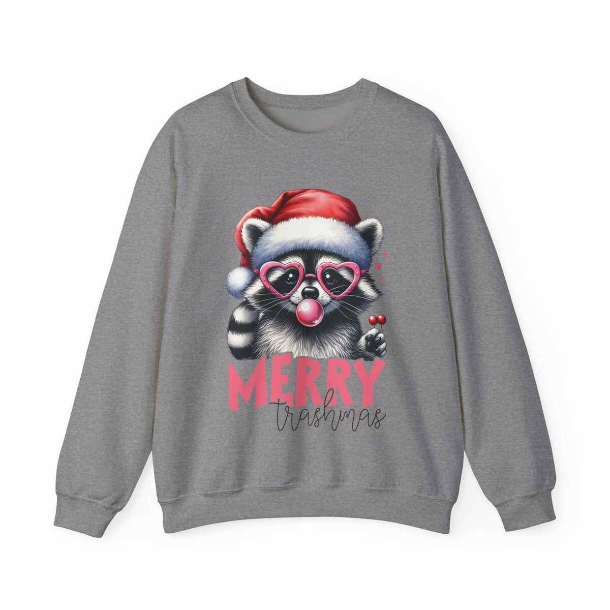 Merry Trashmas Bubblegum Raccoon w/Santa Hat Christmas – Gildan Heavy Blend | Trendy Women’s Soft Sweatshirt. Direct to Garment. Printed & Shipped in the USA. Unisex Sizes.