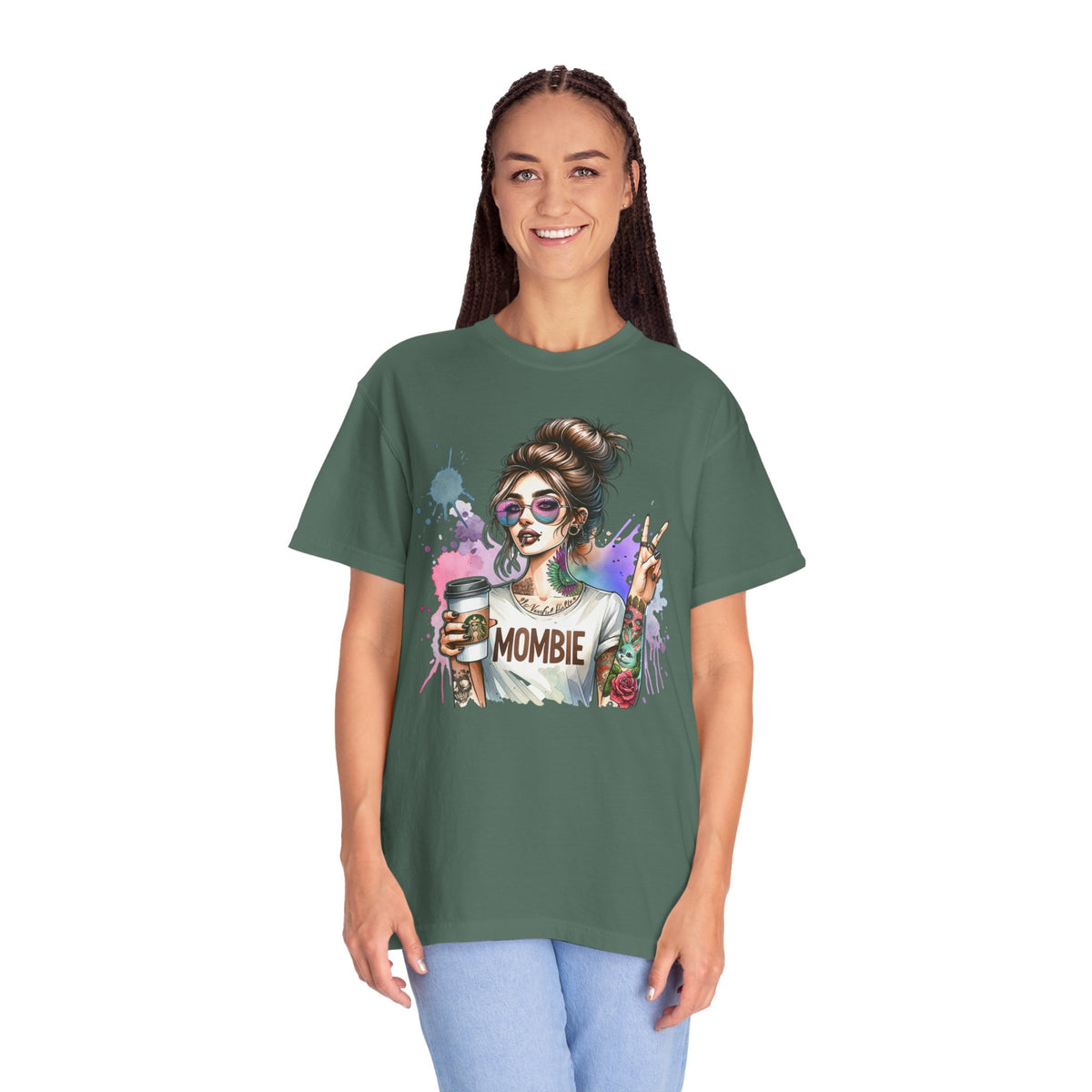 Cool Mombie with Coffee Peace Tattoo - Comfort Colors | Trendy Women's T-Shirt. Direct to Garment. Printed & Shipped in the USA. Unisex Sizes.