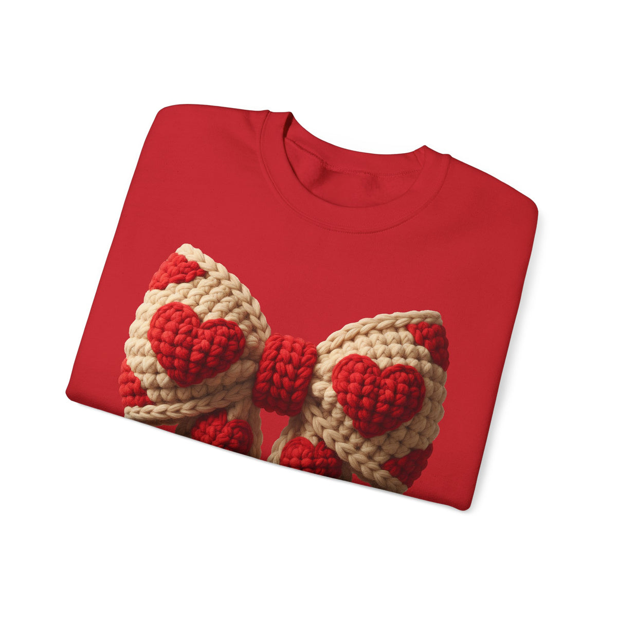 Faux Crochet Valentine Bow – Gildan Heavy Blend | Trendy Women’s Soft Sweatshirt. Direct to Garment. Printed & Shipped in the USA. Unisex Sizes.
