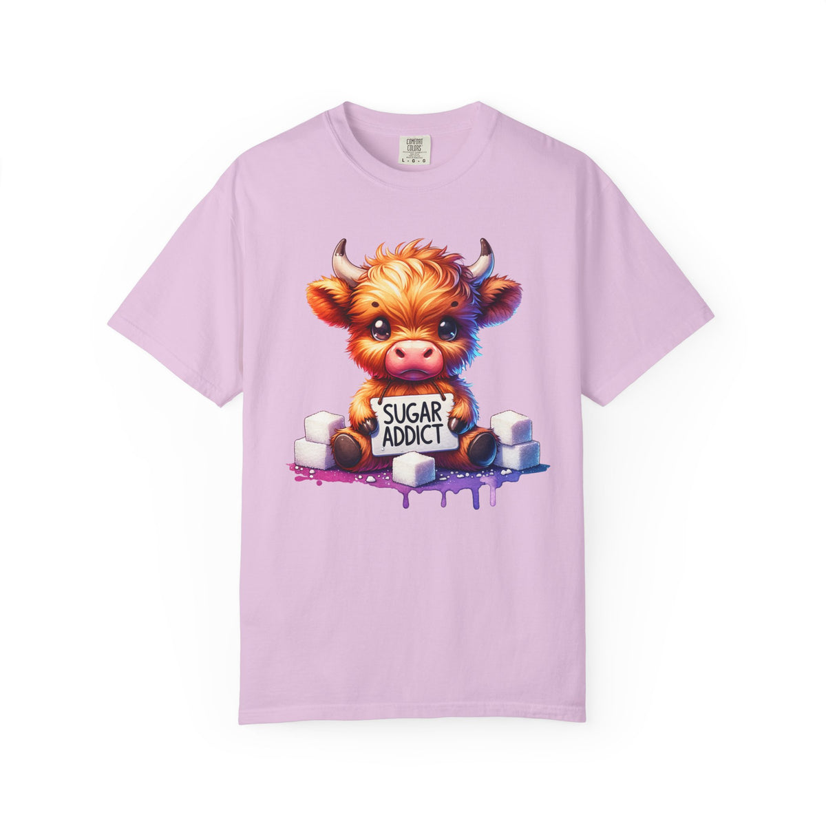 Sugar Addict Highland Cow - Comfort Colors | Trendy Women's T-Shirt. Direct to Garment. Printed & Shipped in the USA. Unisex Sizes.