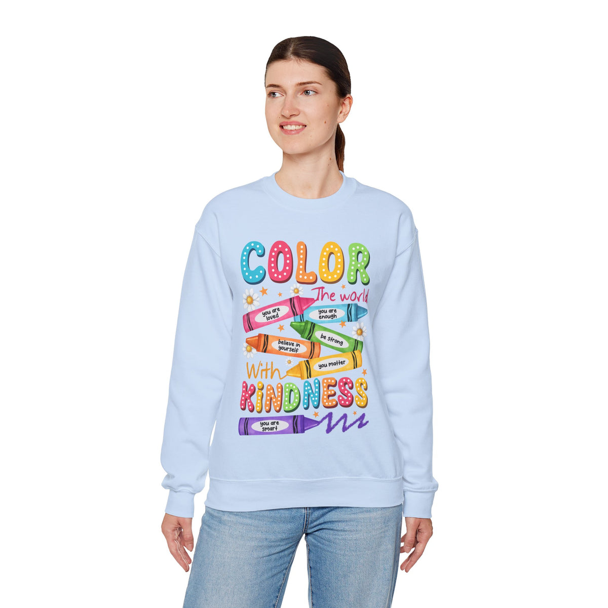 Color the World With Kindness Crayons, Great Teacher Gift – Gildan Heavy Blend | Trendy Women’s and Men's Soft Sweatshirt. Direct to Garment. Printed & Shipped in the USA. Unisex Sizes.