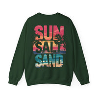Sun Salt Sand, Beach Sunset - Front & Back Print – Gildan Heavy Blend | Trendy Women’s and Men's Soft Sweatshirt. Direct to Garment. Printed & Shipped in the USA. Unisex Sizes.