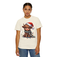 Cute Highland Cow Santa Hat Scarf Christmas Lights - Comfort Colors | Trendy Unisex T-Shirt. Direct to Garment. Printed & Shipped in the USA. Unisex Sizes.