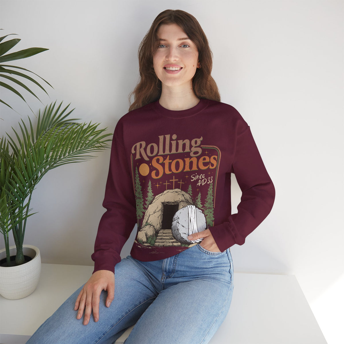 Rolling Stones "Since AD33" Easter Empty Tomb Christian – Gildan Heavy Blend | Trendy Men's and Women’s Soft Sweatshirt. Direct to Garment. Printed & Shipped in the USA. Unisex Sizes.