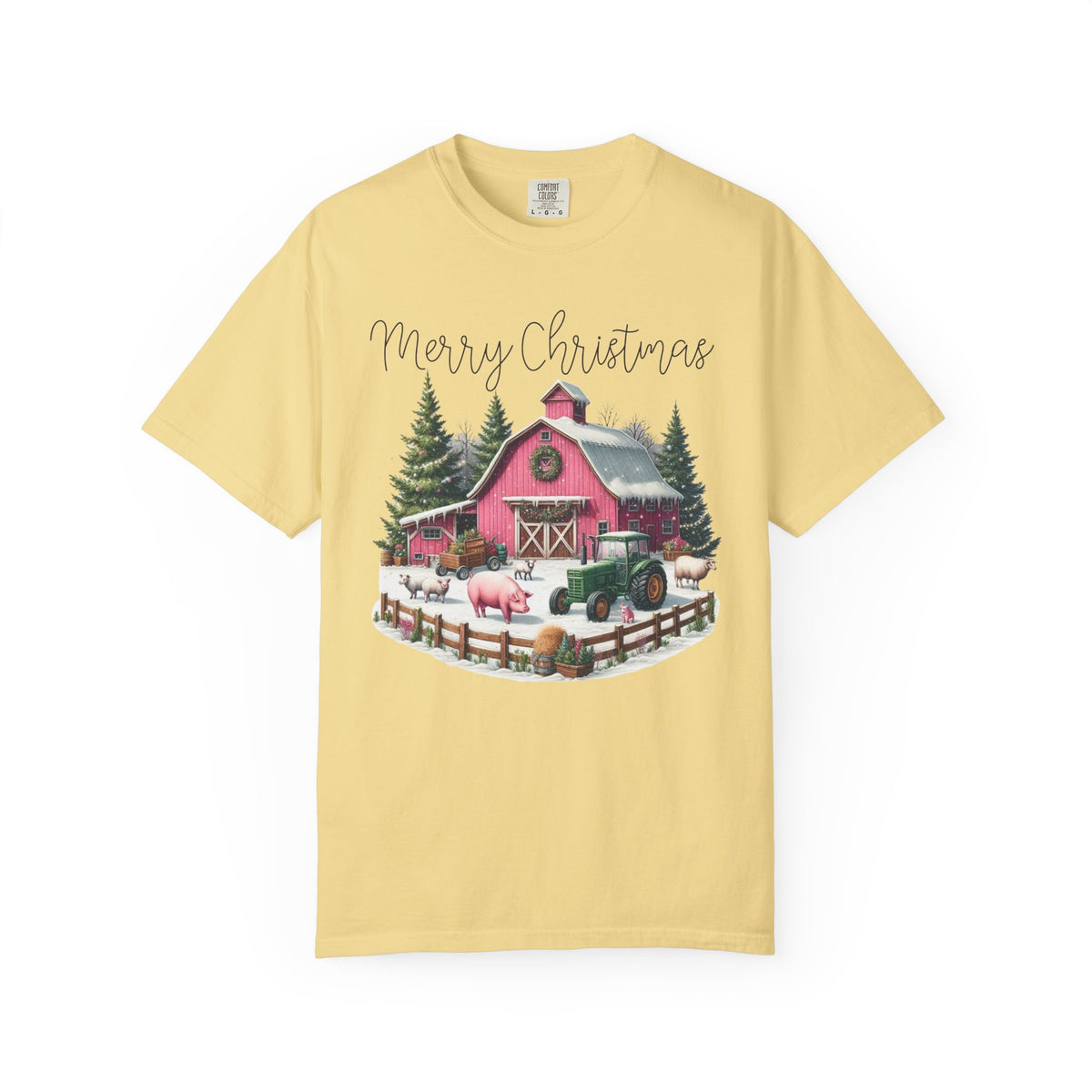 Merry Christmas Pink Barn Farm Animals - Comfort Colors | Trendy Women's T-Shirt. Direct to Garment. Printed & Shipped in the USA. Unisex Sizes.