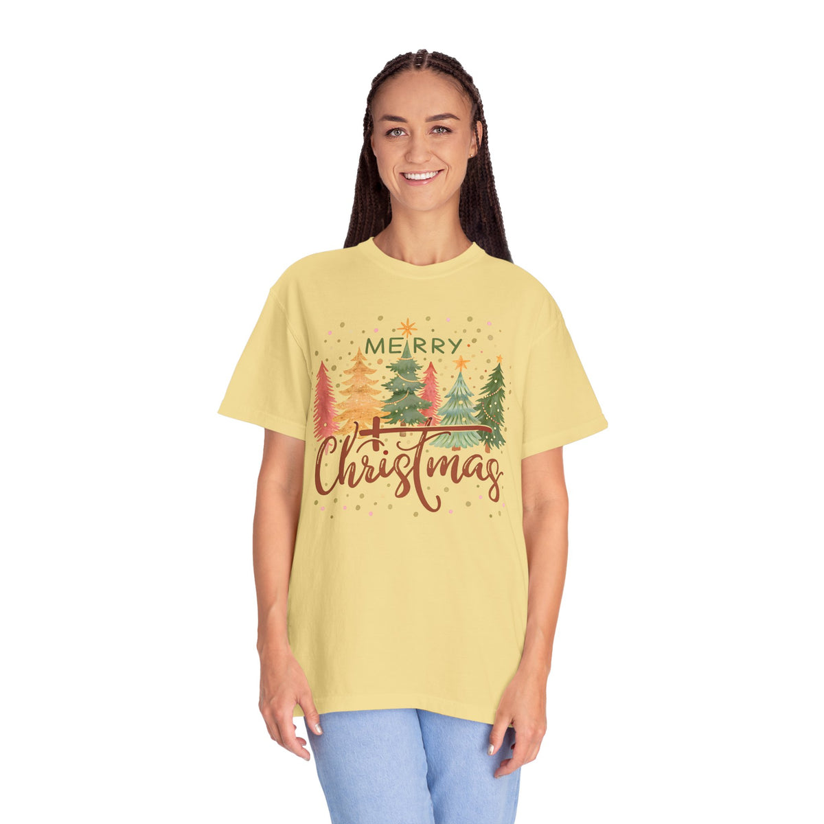Merry ChrisTmas - Christian Faith - Comfort Colors | Trendy Women's T-Shirt. Direct to Garment. Printed & Shipped in the USA. Unisex Sizes.