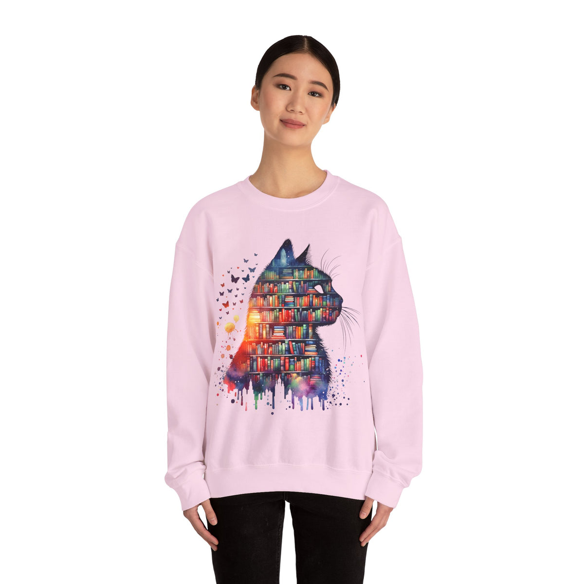 Cat Silhouette for Book Lovers – Gildan Heavy Blend | Trendy Women’s Soft Sweatshirt. Direct to Garment. Printed & Shipped in the USA. Unisex Sizes.