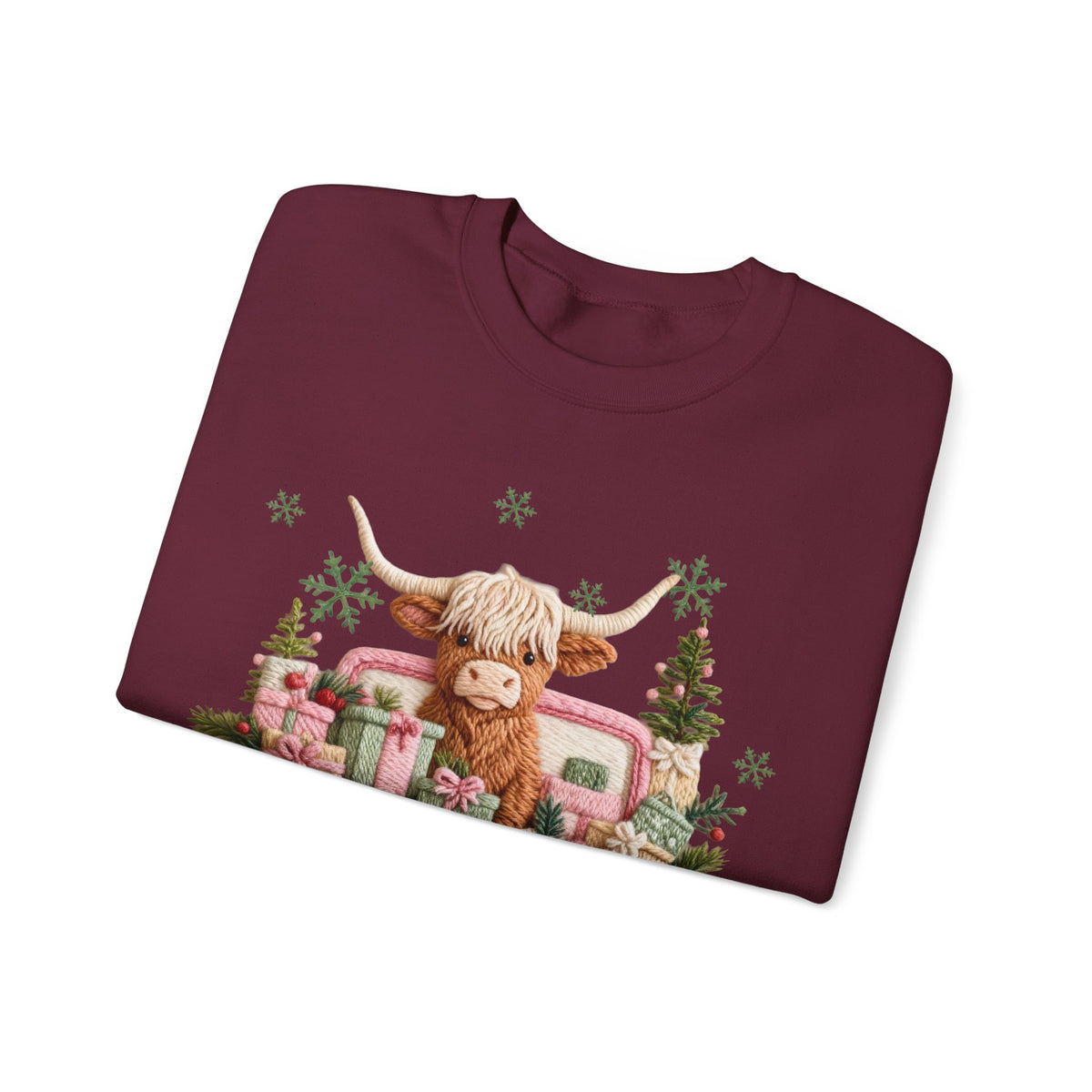 Highland Cow in Pink Truck Merry Christmas Holiday Farmhouse – Gildan Heavy Blend | Trendy Women’s Soft Sweatshirt. Direct to Garment. Printed & Shipped in the USA. Unisex Sizes.
