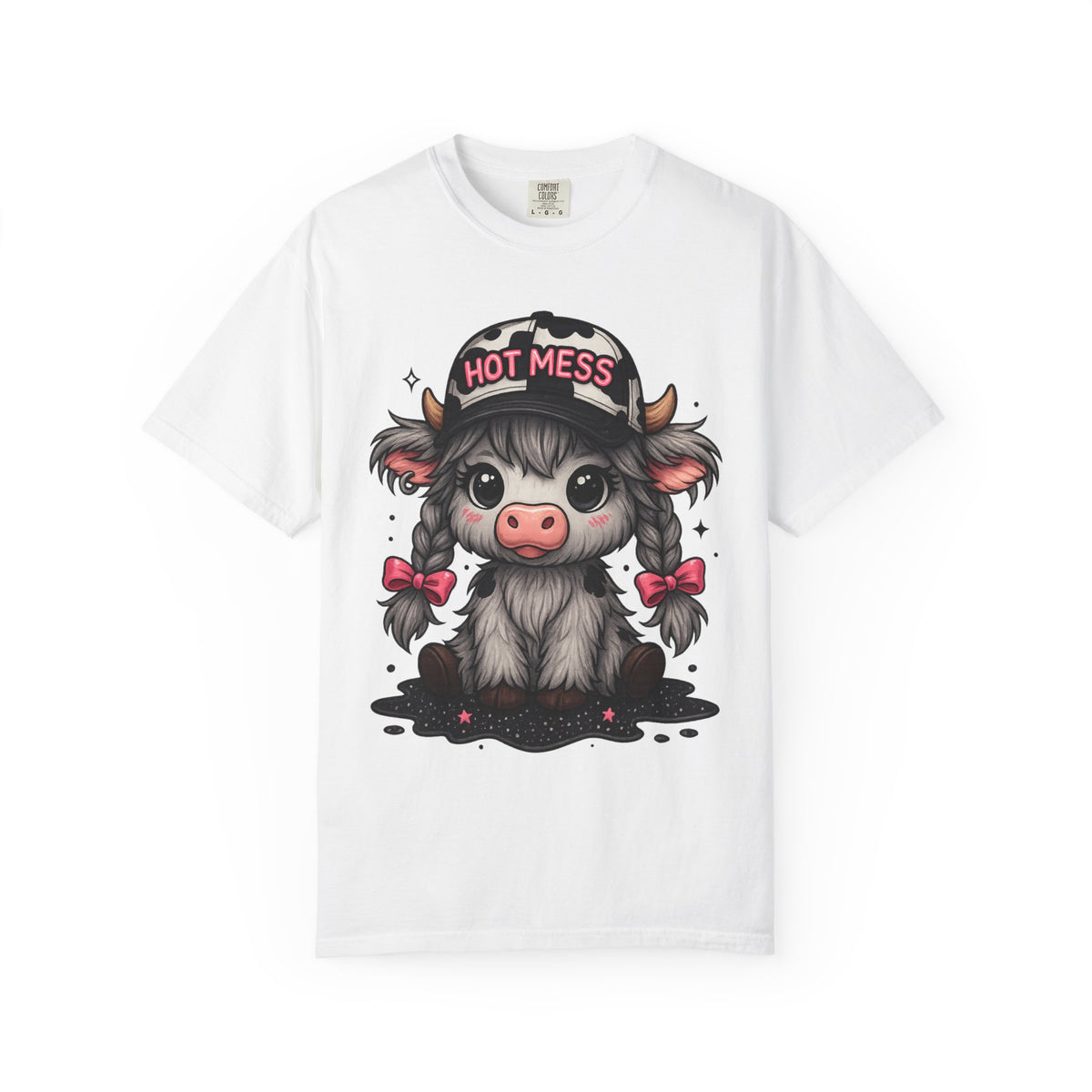 Cute Highland Cow 'Hot Mess' In Braids  - Comfort Colors | Trendy Women's T-Shirt. Direct to Garment. Printed & Shipped in the USA. Unisex Sizes.