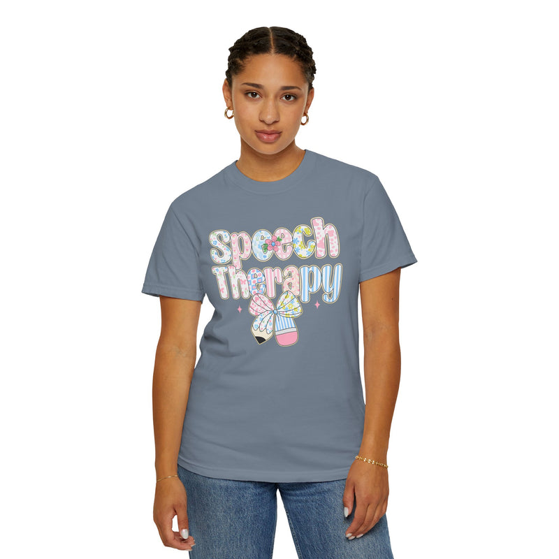 Speech Therapy - Pink Blue Coquette - Comfort Colors | Trendy Women's T-Shirt. Direct to Garment. Printed & Shipped in the USA. Unisex Sizes.