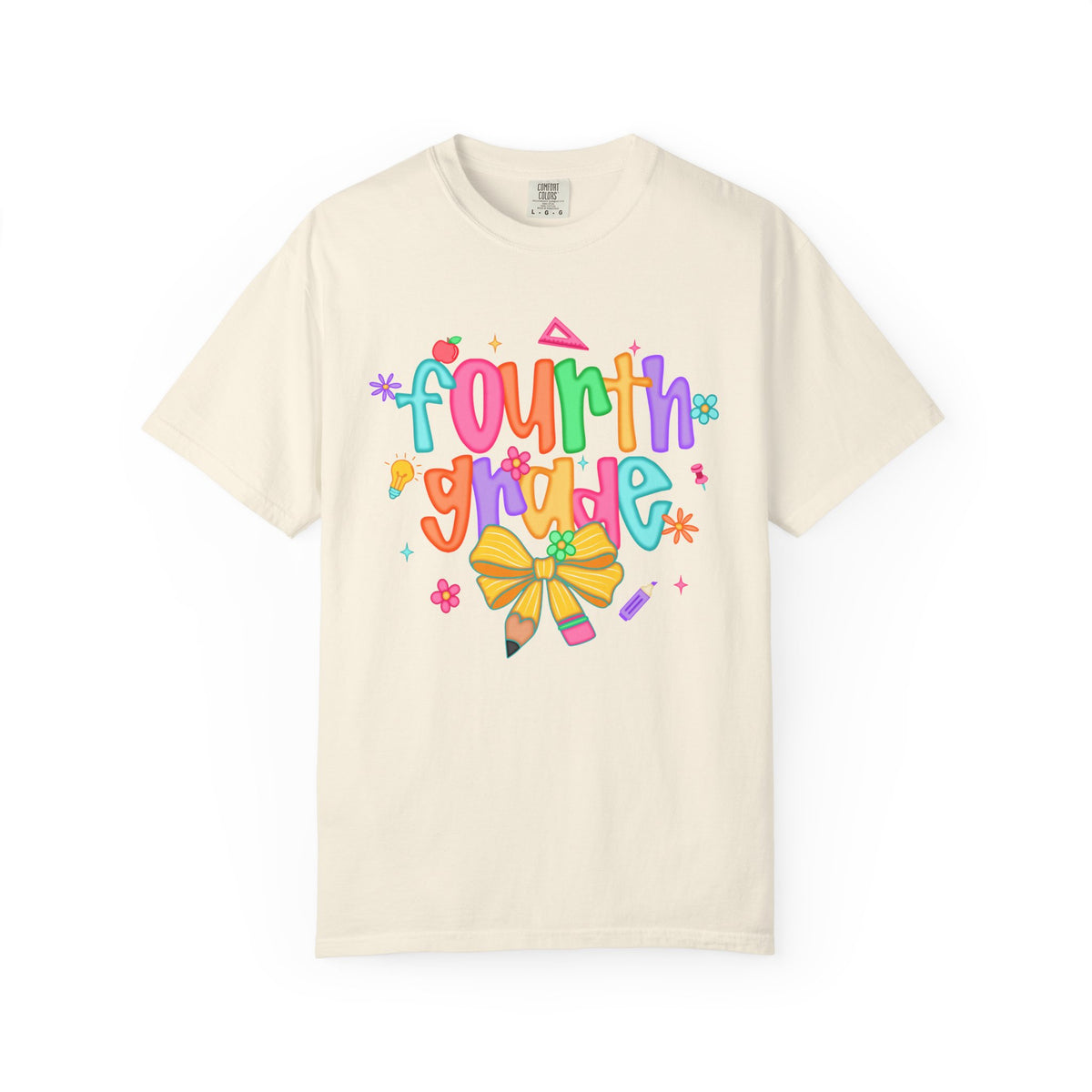 Coquette Fourth Grade Pencil Bow - Comfort Colors | Trendy Women's T-Shirt. Direct to Garment. Printed & Shipped in the USA. Unisex Sizes.