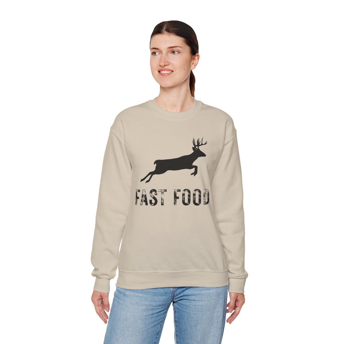 Fast Food Deer Hunting Humor Distressed – Gildan Heavy Blend | Trendy Men's and Women’s Soft Sweatshirt. Direct to Garment. Printed & Shipped in the USA. Unisex Sizes.