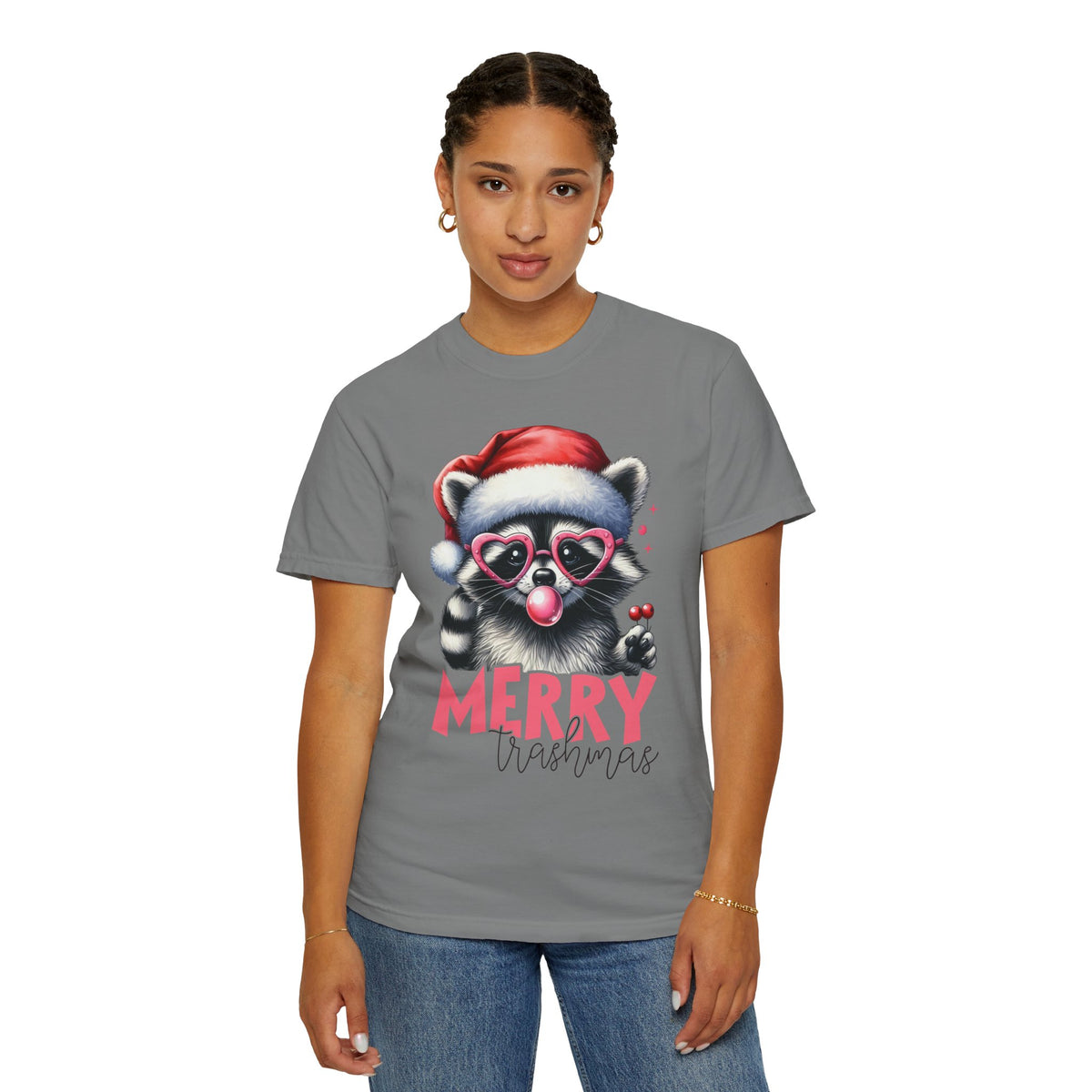 Merry Trashmas Bubblegum Raccoon w/Santa Hat Christmas - Comfort Colors | Trendy Women's T-Shirt. Direct to Garment. Printed & Shipped in the USA. Unisex Sizes.