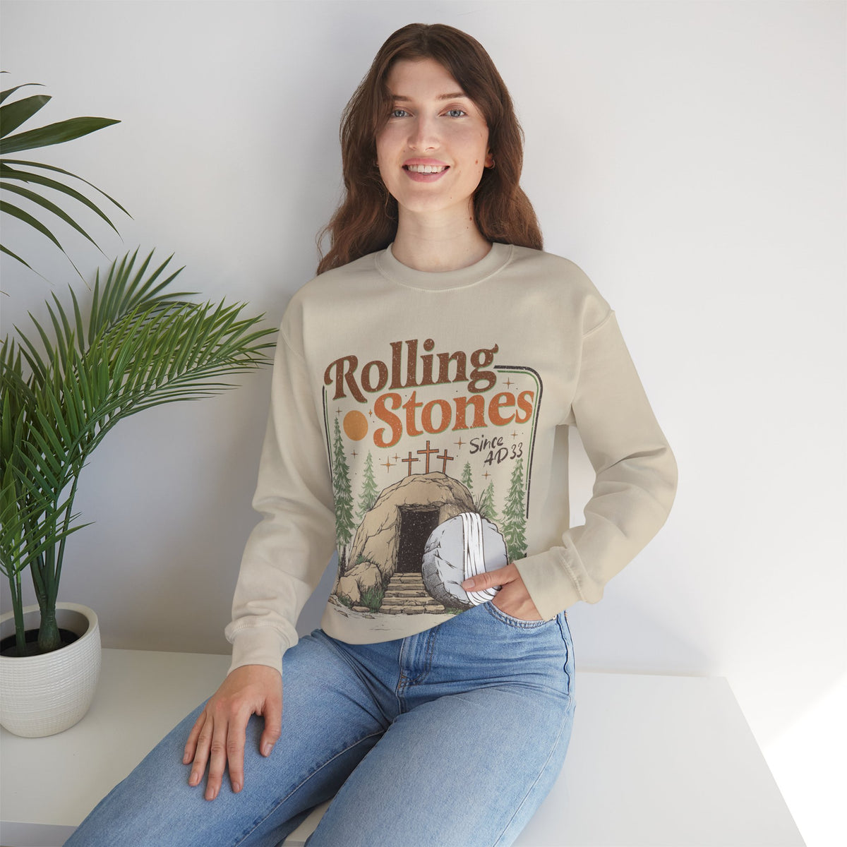 Rolling Stones "Since AD33" Easter Empty Tomb Christian – Gildan Heavy Blend | Trendy Men's and Women’s Soft Sweatshirt. Direct to Garment. Printed & Shipped in the USA. Unisex Sizes.