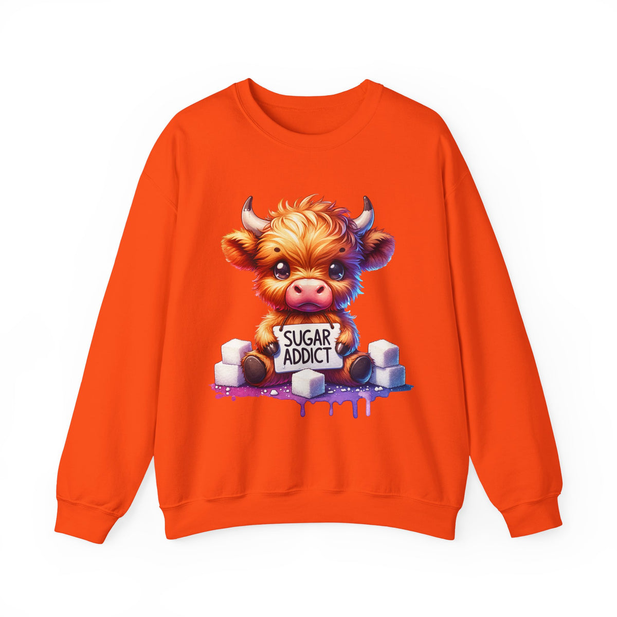 Sugar Addict Highland Cow – Gildan Heavy Blend | Trendy Women’s Soft Sweatshirt. Direct to Garment. Printed & Shipped in the USA. Unisex Sizes.