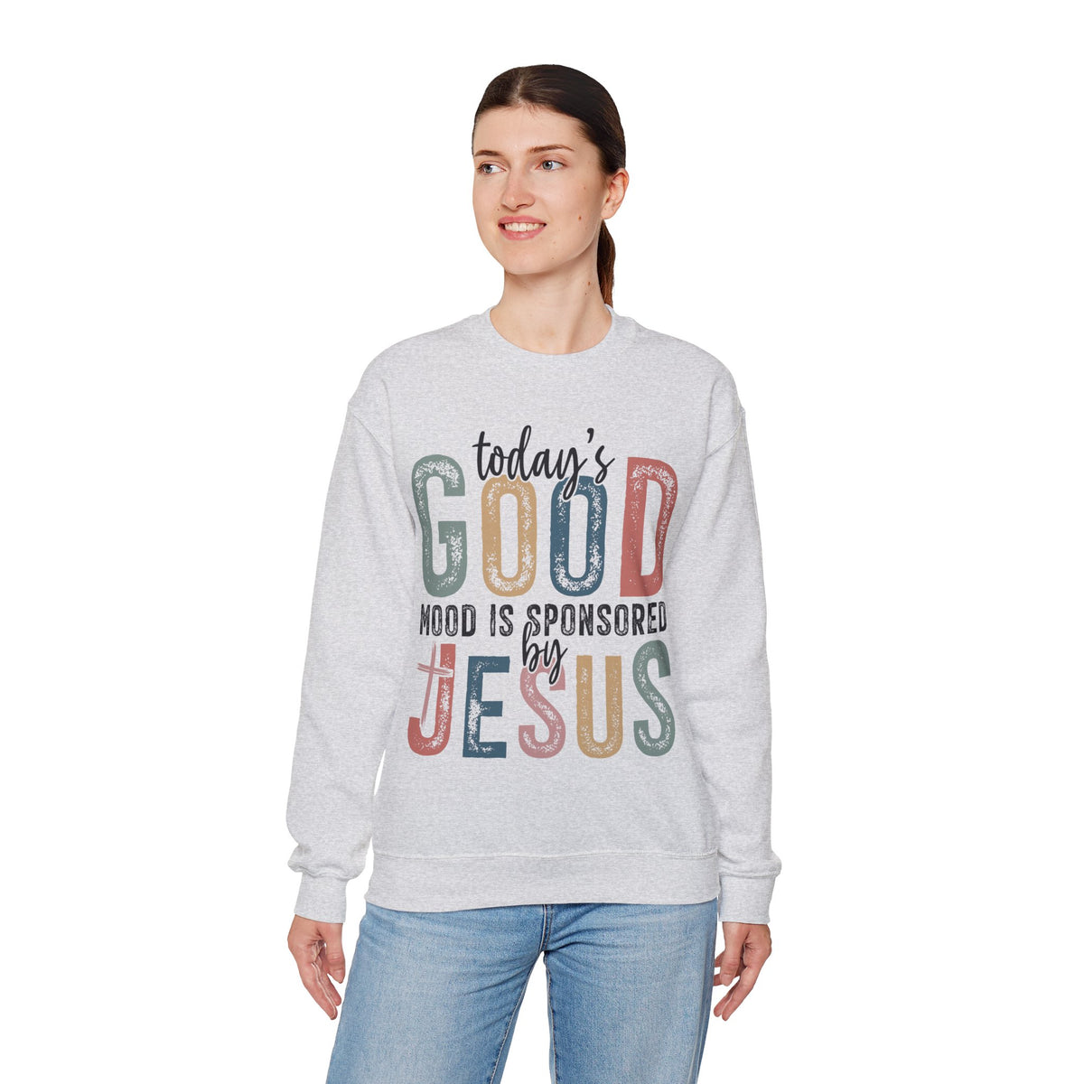 Today's Good Mood Sponsored By Jesus, Christian, Faith – Gildan Heavy Blend | Trendy Women’s Soft Sweatshirt. Direct to Garment. Printed & Shipped in the USA. Unisex Sizes.