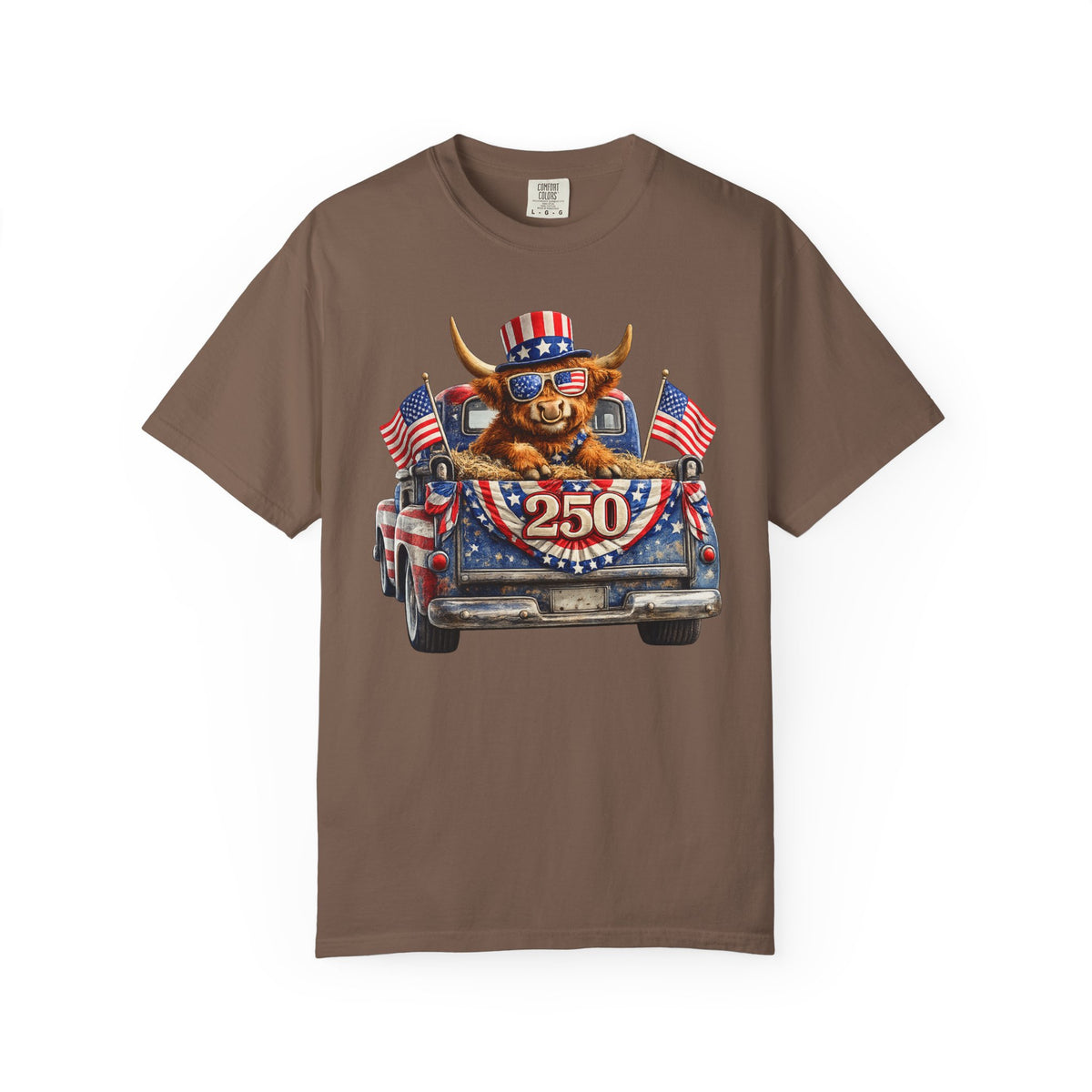 Patriotic Highland, America's 250th Birthday - Comfort Colors | Trendy Women's and Men's T-Shirt. Direct to Garment. Printed & Shipped in the USA. Unisex Sizes.