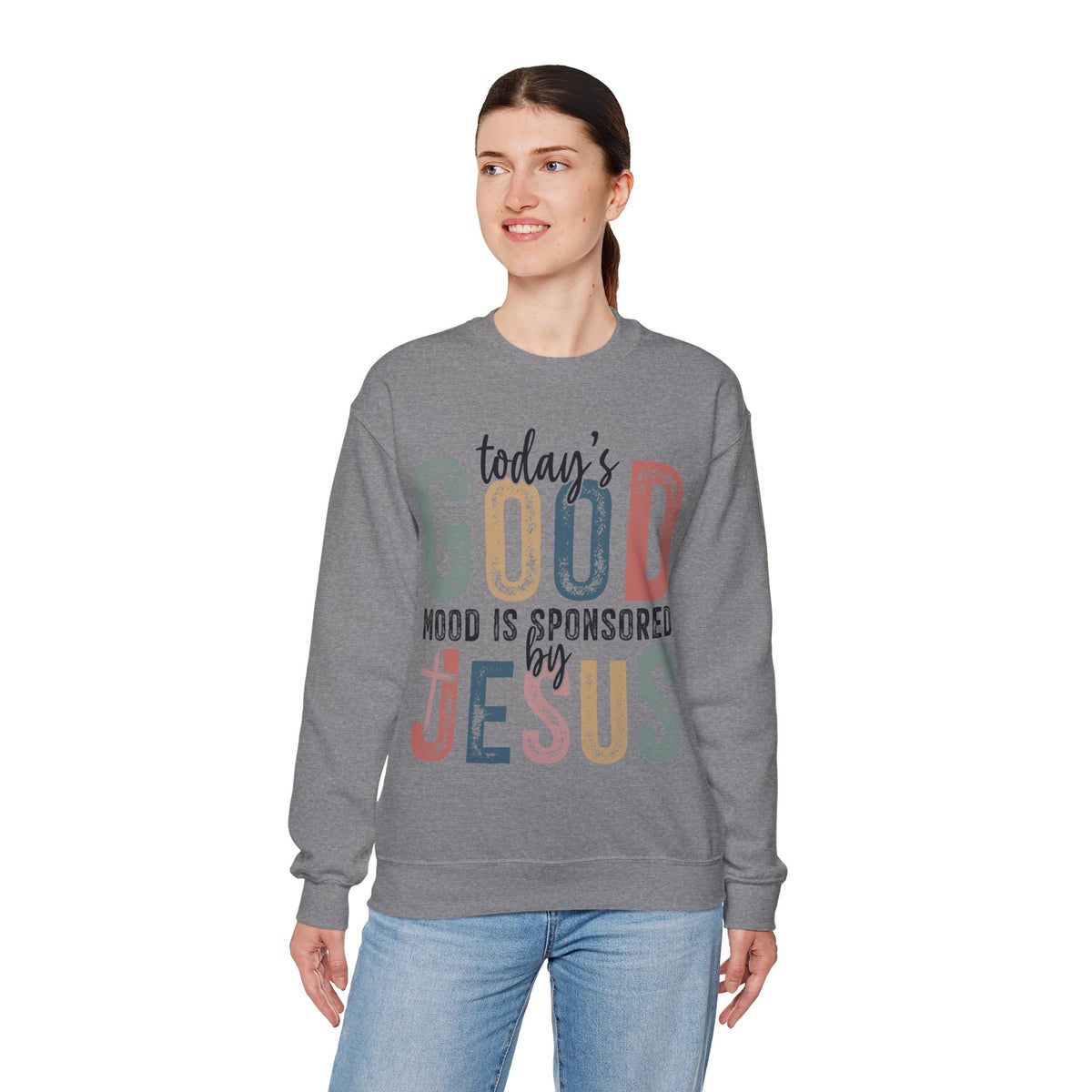 Today's Good Mood Sponsored By Jesus, Christian, Faith – Gildan Heavy Blend | Trendy Women’s Soft Sweatshirt. Direct to Garment. Printed & Shipped in the USA. Unisex Sizes.