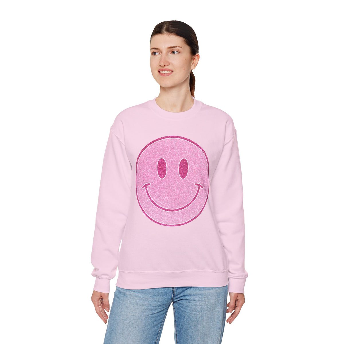 Glitter Smiley – Gildan Heavy Blend | Trendy Women’s Soft Sweatshirt. Direct to Garment. Printed & Shipped in the USA. Unisex Sizes.