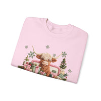 Highland Cow in Pink Truck Merry Christmas Holiday Farmhouse – Gildan Heavy Blend | Trendy Women’s Soft Sweatshirt. Direct to Garment. Printed & Shipped in the USA. Unisex Sizes.