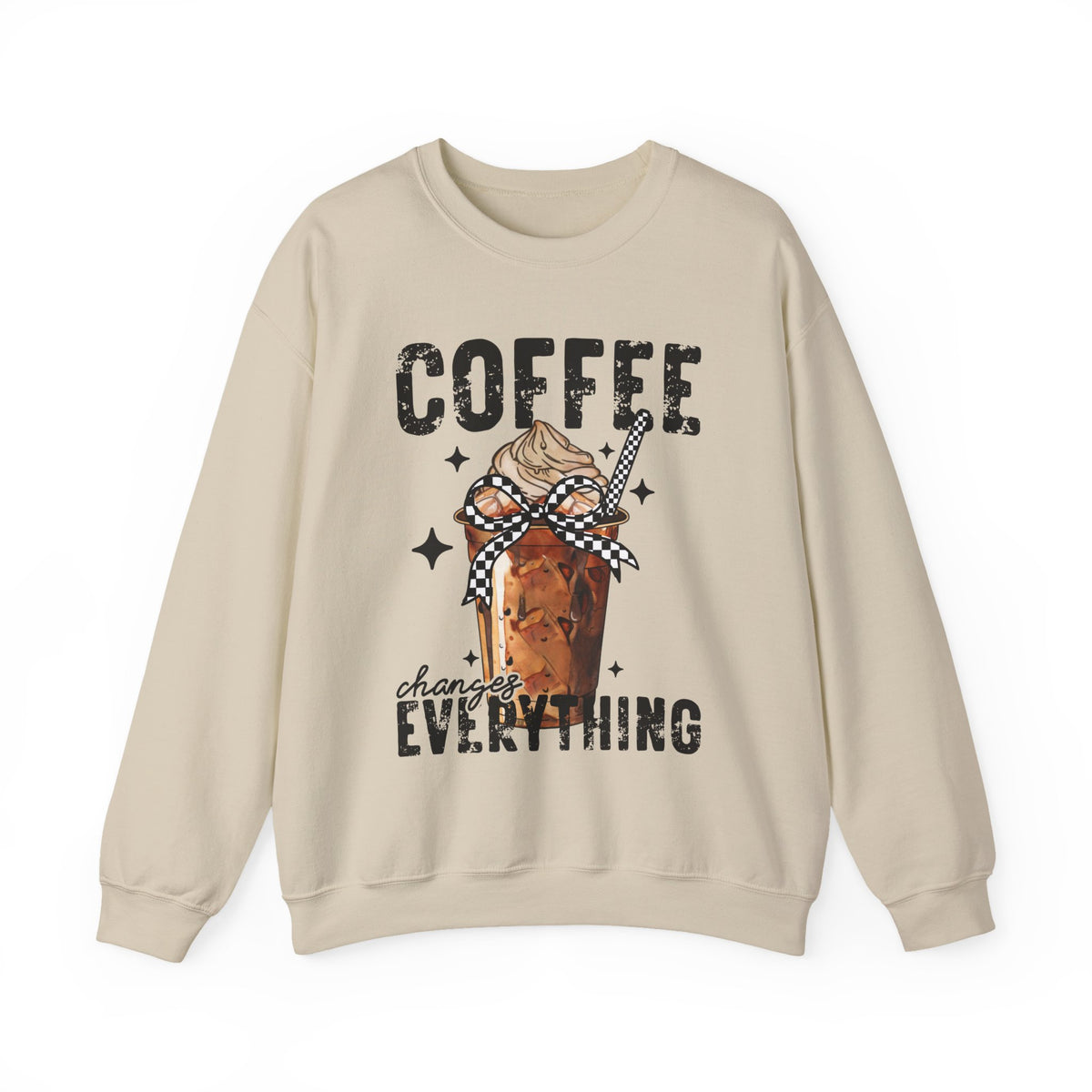 Coffee Changes Everything, Iced Coffee, Coffee Lovers – Gildan Heavy Blend | Trendy Women’s Soft Sweatshirt. Direct to Garment. Printed & Shipped in the USA. Unisex Sizes.