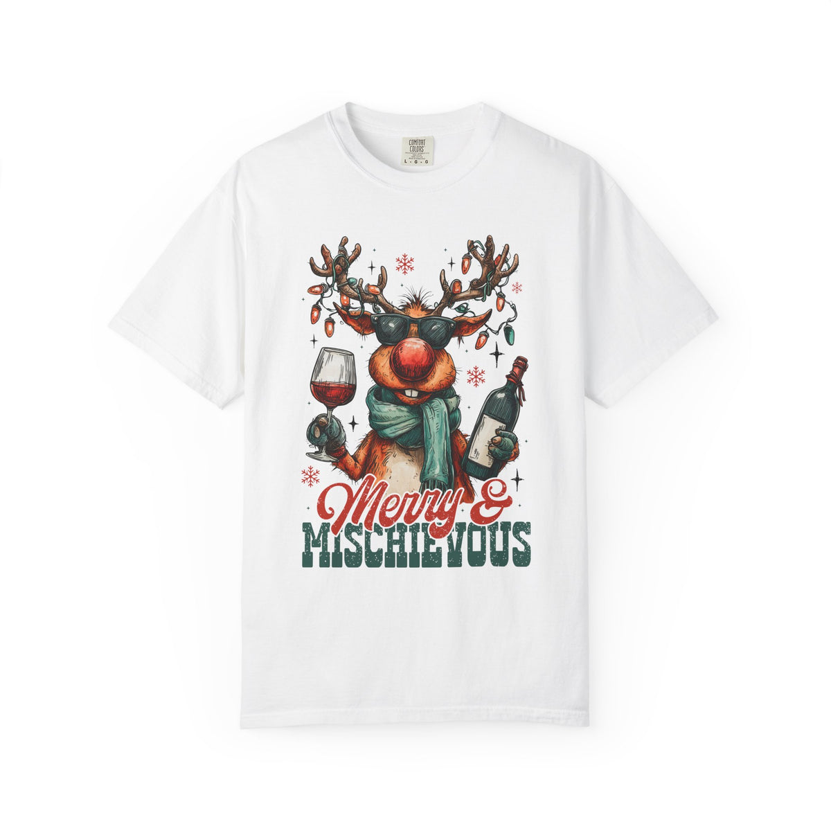 Merry & Mischievous Reindeer - Comfort Colors | Trendy Women's and Men's T-Shirt. Direct to Garment. Printed & Shipped in the USA. Unisex Sizes.