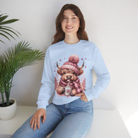 Cozy Highland Cow, Winter Coffee Mug & Scarf Pink – Gildan Heavy Blend | Trendy Women’s Soft Sweatshirt. Direct to Garment. Printed & Shipped in the USA. Unisex Sizes.