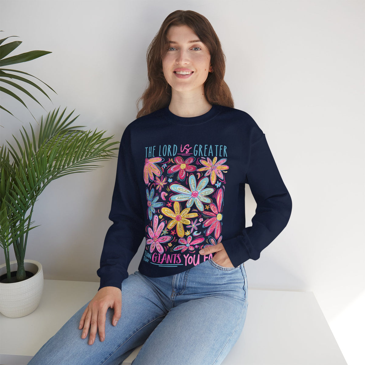 The Lord Is Greater Than The Giants You Face – Gildan Heavy Blend | Trendy Women’s Soft Sweatshirt. Direct to Garment. Printed & Shipped in the USA. Unisex Sizes.
