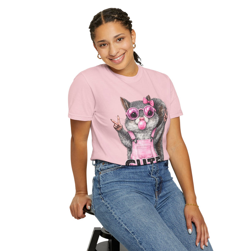 Cute But Feral, Squirrel in Pink Bibs - Comfort Colors | Trendy Women's T-Shirt. Direct to Garment. Printed & Shipped in the USA. Unisex Sizes.