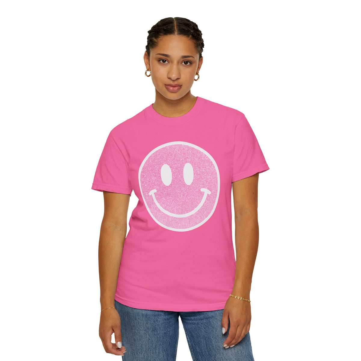 Faux Glitter Smiley - Comfort Colors | Trendy Women's T-Shirt. Direct to Garment. Printed & Shipped in the USA. Unisex Sizes.