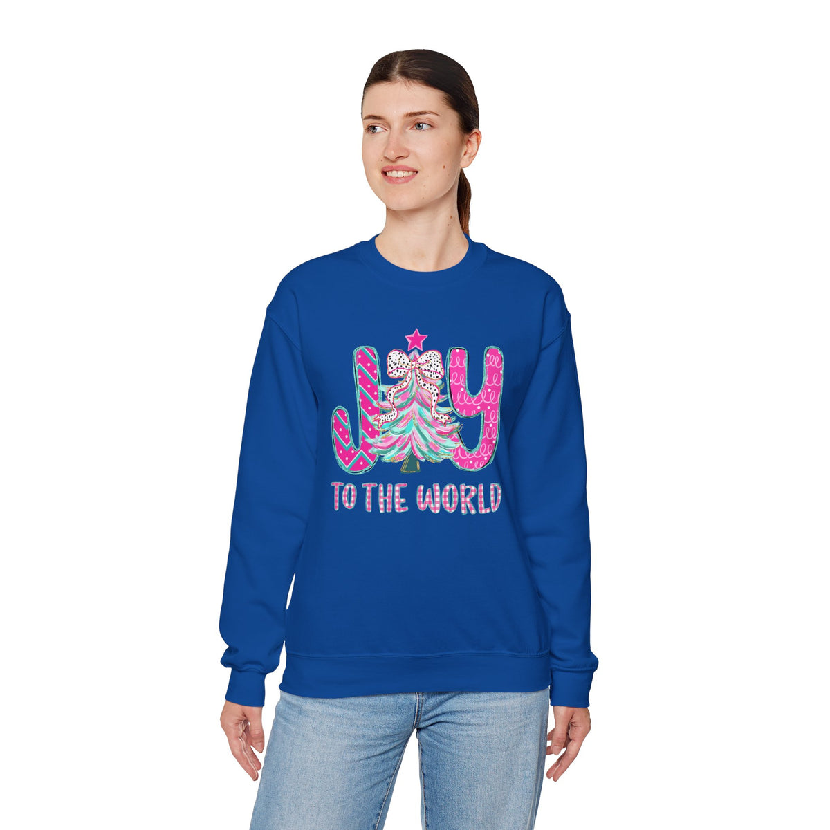 Joy to the World w/Christmas Tree Pink and Teal – Gildan Heavy Blend | Trendy Women’s Soft Sweatshirt. Direct to Garment. Printed & Shipped in the USA. Unisex Sizes.