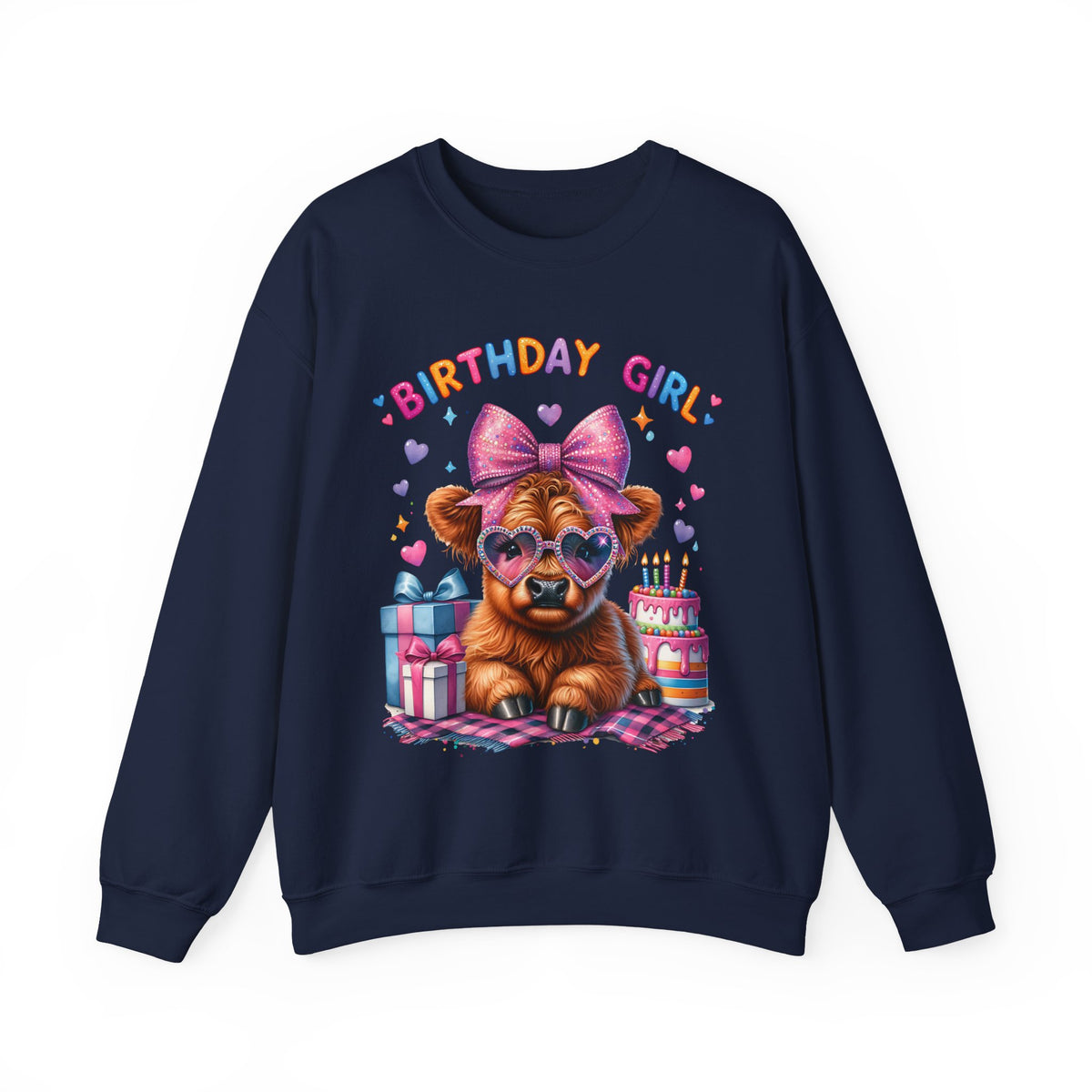 Birthday Girl, Highland Cow – Gildan Heavy Blend | Trendy Women’s Soft Sweatshirt. Direct to Garment. Printed & Shipped in the USA. Unisex Sizes.