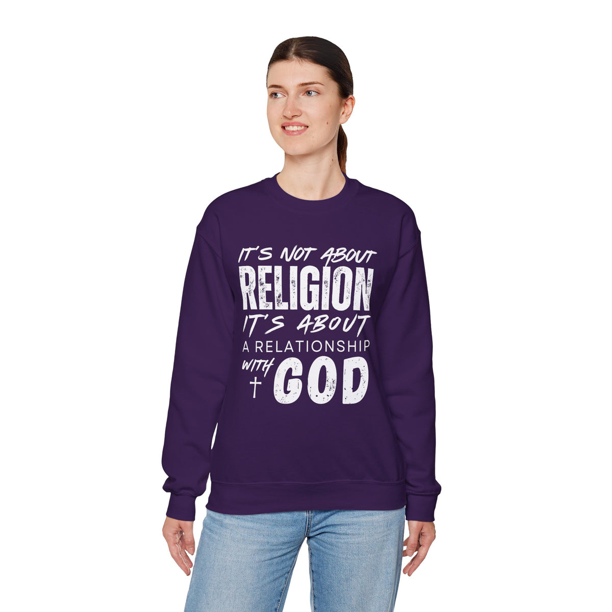 It's Not About Religion, It's About a Relationship with God – Gildan Heavy Blend | Trendy Men's and Women’s Soft Sweatshirt. Direct to Garment. Printed & Shipped in the USA. Unisex Sizes.