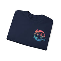 Sun Salt Sand, Beach Sunset - Front & Back Print – Gildan Heavy Blend | Trendy Women’s and Men's Soft Sweatshirt. Direct to Garment. Printed & Shipped in the USA. Unisex Sizes.