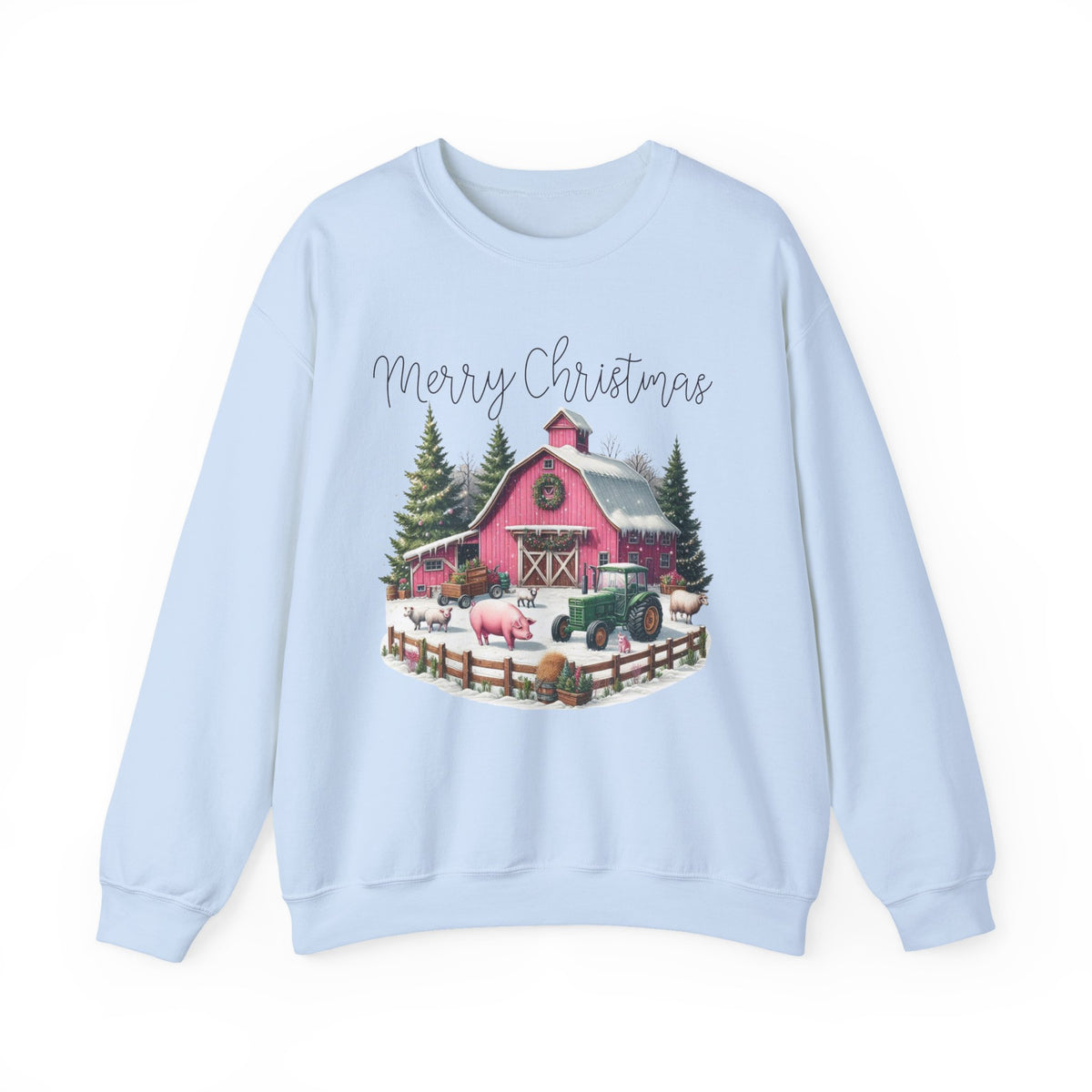 Merry Christmas Pink Barn Farm Animals – Gildan Heavy Blend | Trendy Women’s Soft Sweatshirt. Direct to Garment. Printed & Shipped in the USA. Unisex Sizes.