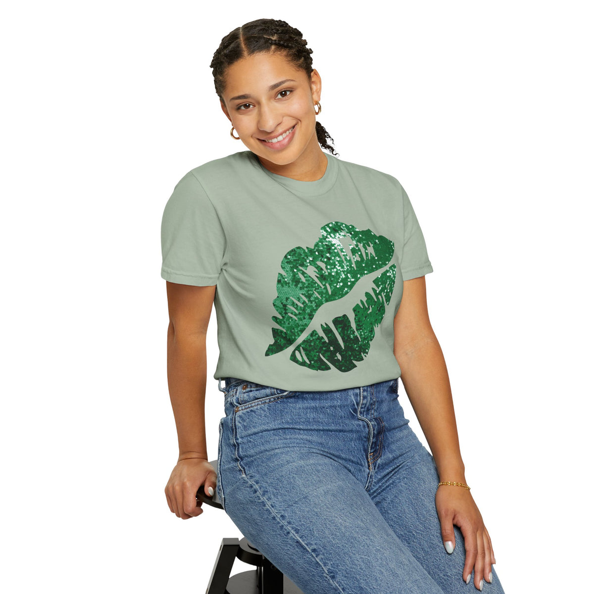 Green Faux Glitter Kiss - Comfort Colors | Trendy Women's T-Shirt. Direct to Garment. Printed & Shipped in the USA. Unisex Sizes.
