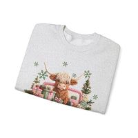 Highland Cow in Pink Truck Merry Christmas Holiday Farmhouse – Gildan Heavy Blend | Trendy Women’s Soft Sweatshirt. Direct to Garment. Printed & Shipped in the USA. Unisex Sizes.