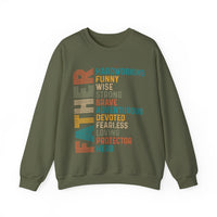 Father: Hardworking, Funny, Wise – Gildan Heavy Blend | Trendy Men's Soft Sweatshirt. Direct to Garment. Printed & Shipped in the USA. Unisex Sizes.