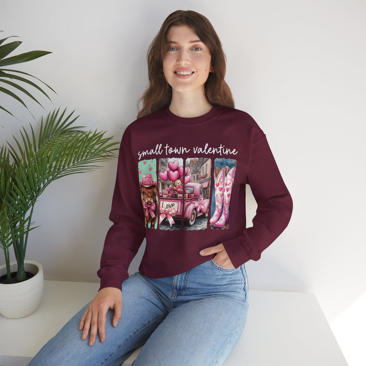 Small Town Valentine – Gildan Heavy Blend | Trendy Women’s Soft Sweatshirt. Direct to Garment. Printed & Shipped in the USA. Unisex Sizes.