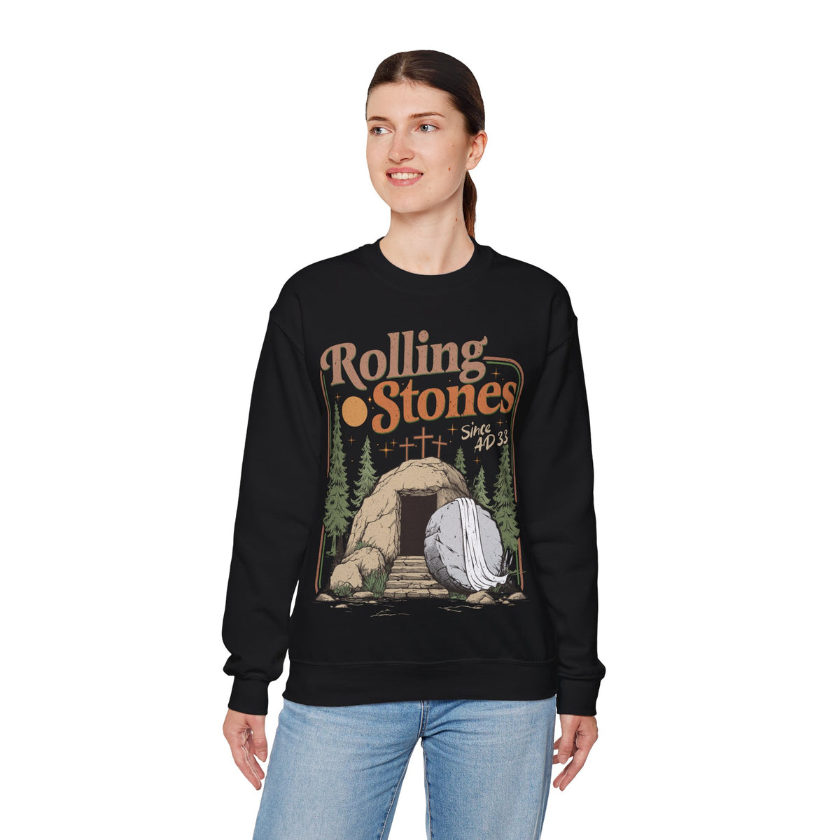 Rolling Stones "Since AD33" Easter Empty Tomb Christian – Gildan Heavy Blend | Trendy Men's and Women’s Soft Sweatshirt. Direct to Garment. Printed & Shipped in the USA. Unisex Sizes.