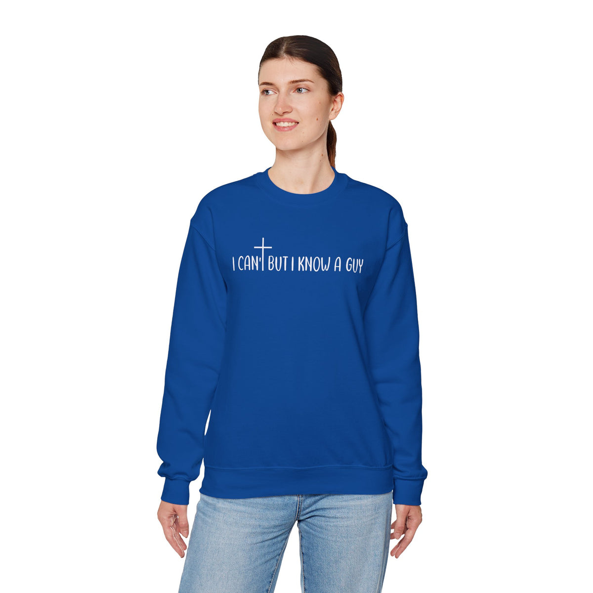 I Can't But I Know A Guy - Jesus – Gildan Heavy Blend | Trendy Men's and Women’s Soft Sweatshirt. Direct to Garment. Printed & Shipped in the USA. Unisex Sizes.