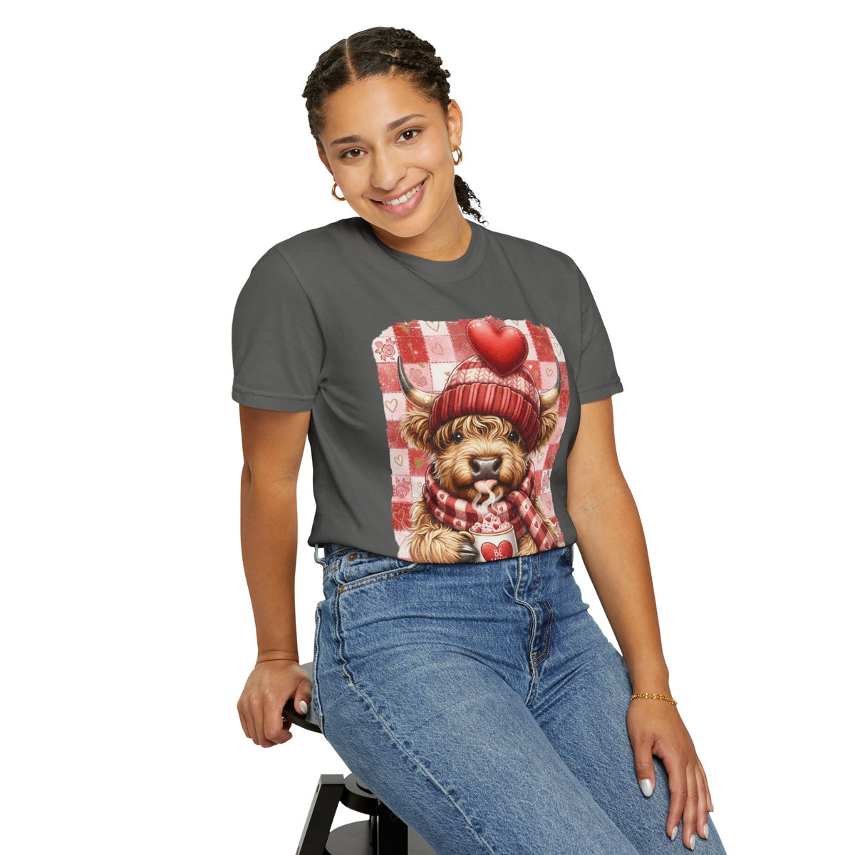 Highland Cow Be Mine, Red Checkered - Comfort Colors | Trendy Women's T-Shirt. Direct to Garment. Printed & Shipped in the USA. Unisex Sizes.