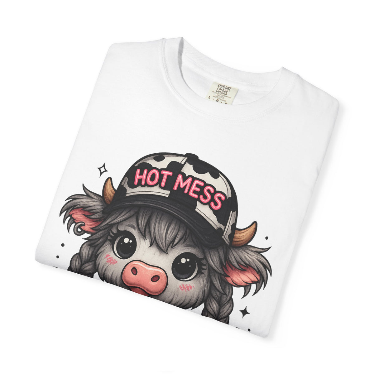 Cute Highland Cow 'Hot Mess' In Braids  - Comfort Colors | Trendy Women's T-Shirt. Direct to Garment. Printed & Shipped in the USA. Unisex Sizes.