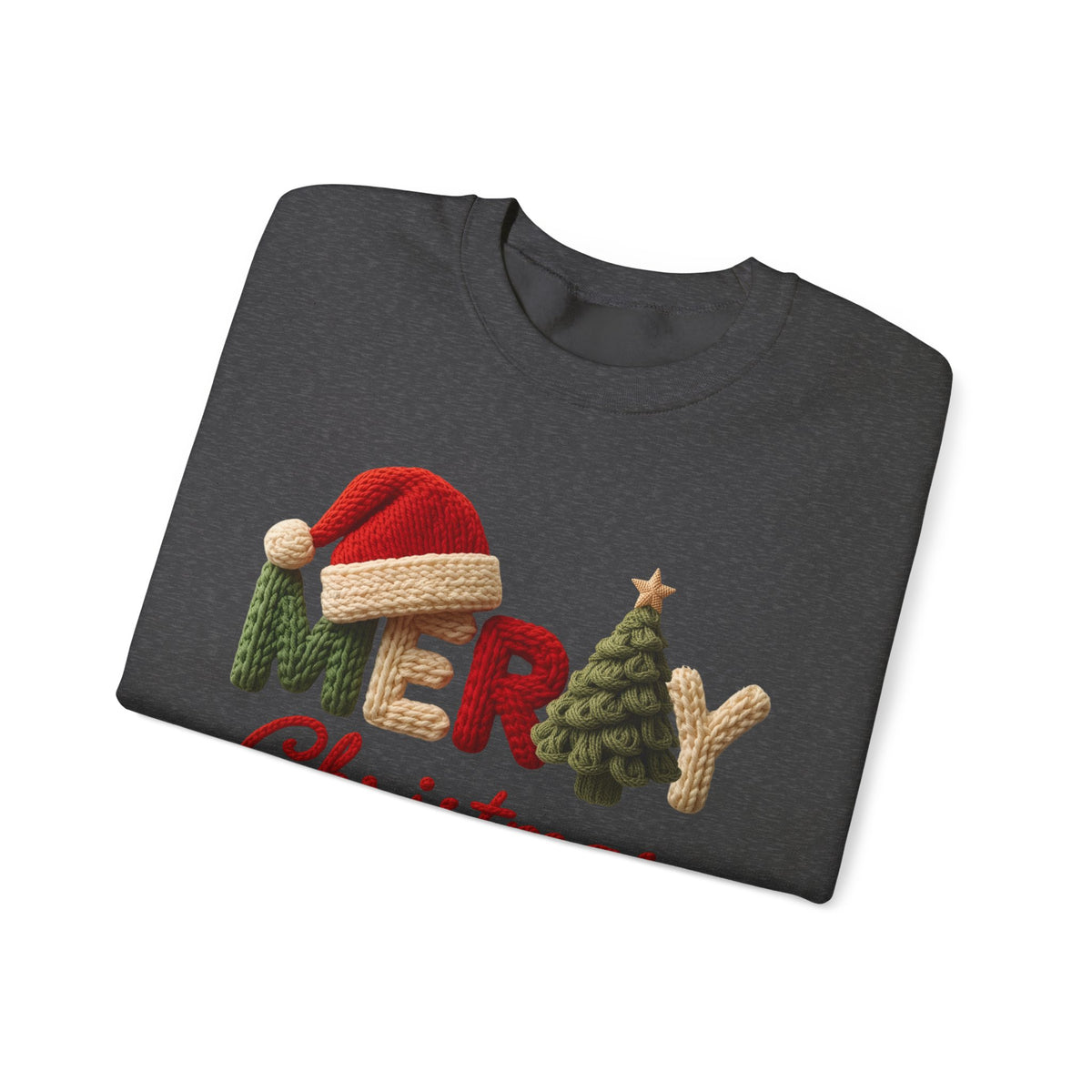 Merry Christmas Faux Yarn w/Santa Hat & Tree – Gildan Heavy Blend | Trendy Women’s Soft Sweatshirt. Direct to Garment. Printed & Shipped in the USA. Unisex Sizes.