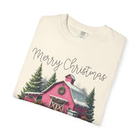 Merry Christmas Pink Barn Farm Animals - Comfort Colors | Trendy Women's T-Shirt. Direct to Garment. Printed & Shipped in the USA. Unisex Sizes.