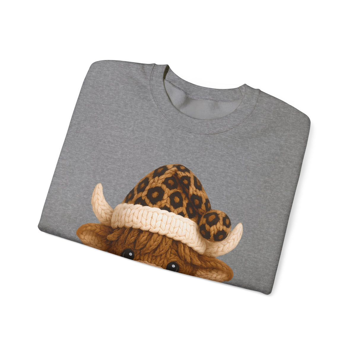 Cute Highland Cow with Leopard Santa Hat Christmas – Gildan Heavy Blend | Trendy Women’s Soft Sweatshirt. Direct to Garment. Printed & Shipped in the USA. Unisex Sizes.