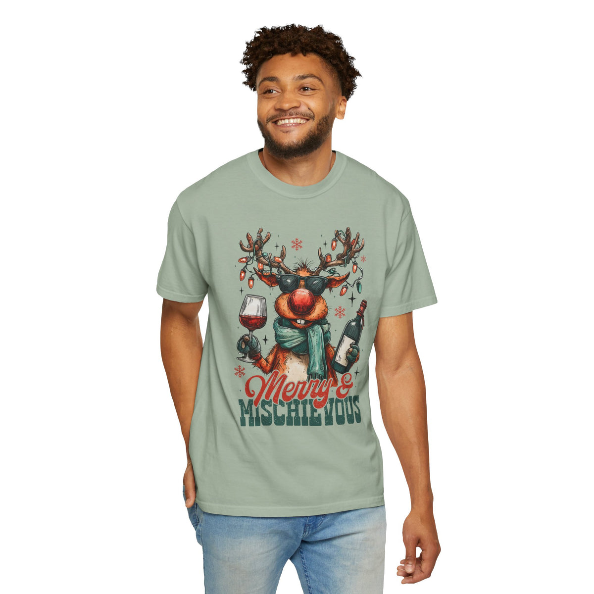 Merry & Mischievous Reindeer - Comfort Colors | Trendy Women's and Men's T-Shirt. Direct to Garment. Printed & Shipped in the USA. Unisex Sizes.