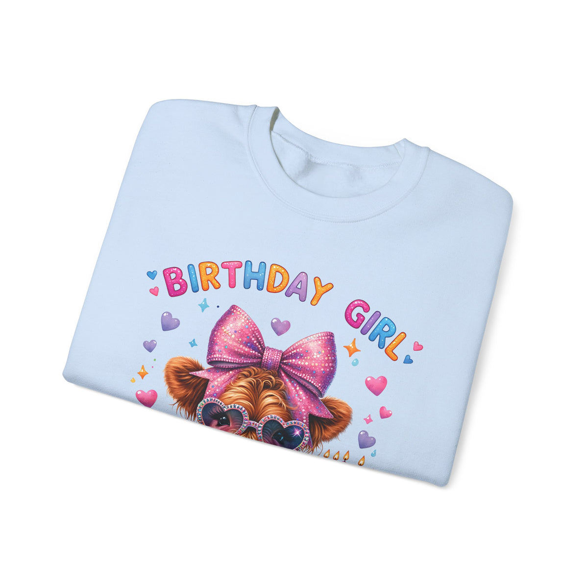 Birthday Girl, Highland Cow – Gildan Heavy Blend | Trendy Women’s Soft Sweatshirt. Direct to Garment. Printed & Shipped in the USA. Unisex Sizes.
