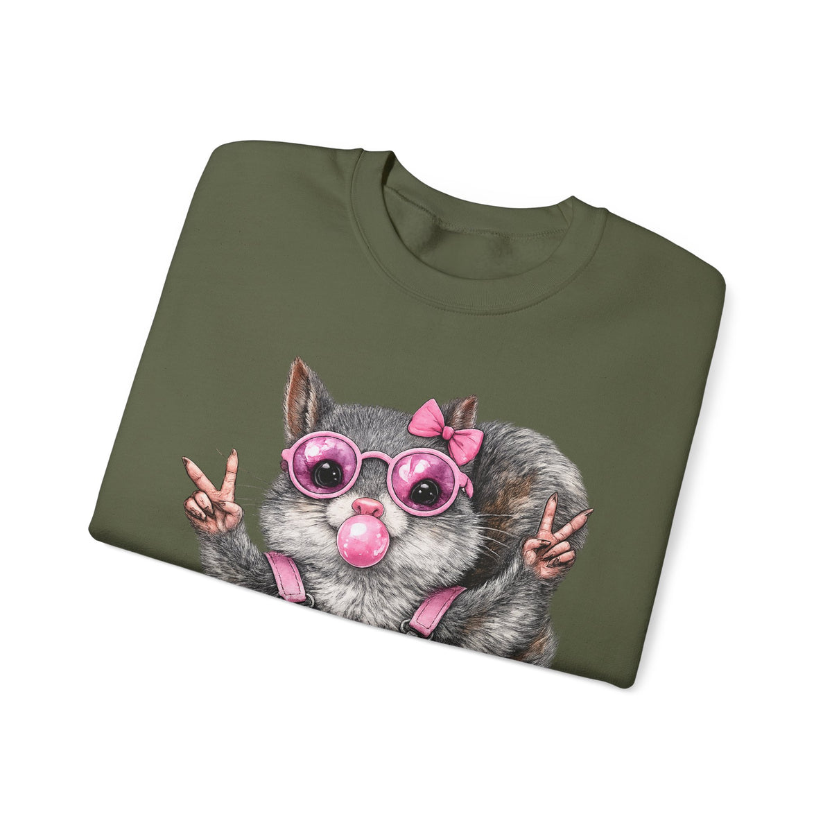 Cute But Feral, Squirrel in Pink Bibs – Gildan Heavy Blend | Trendy Women’s Soft Sweatshirt. Direct to Garment. Printed & Shipped in the USA. Unisex Sizes.