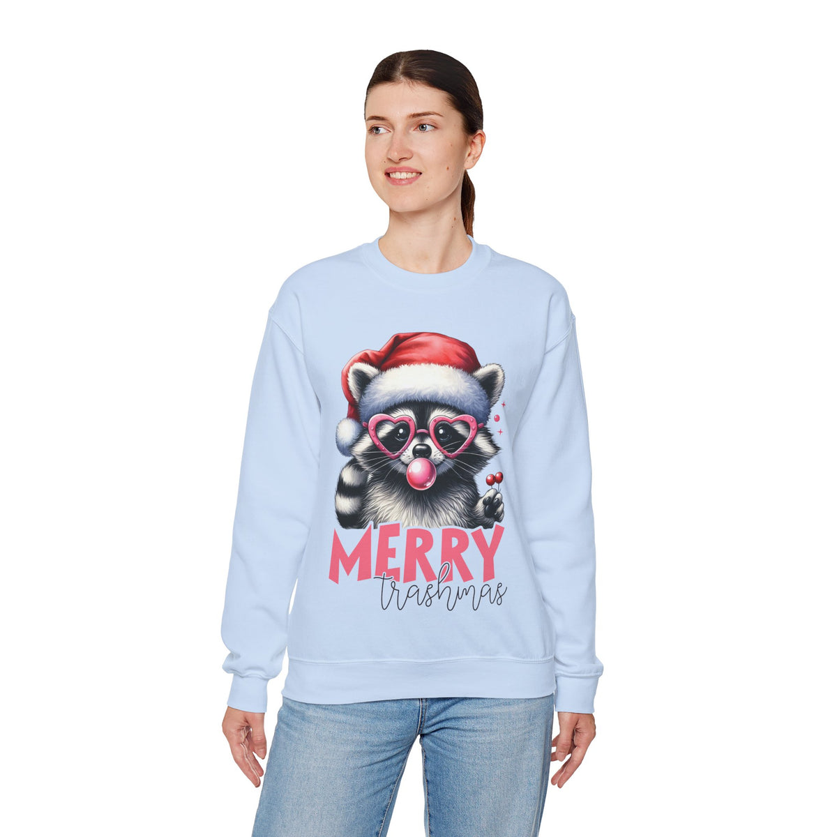 Merry Trashmas Bubblegum Raccoon w/Santa Hat Christmas – Gildan Heavy Blend | Trendy Women’s Soft Sweatshirt. Direct to Garment. Printed & Shipped in the USA. Unisex Sizes.